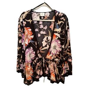 Knox Rose Multicolor Floral Wrap Kimono Boho Layer Spring Bell Sleeve Sz M